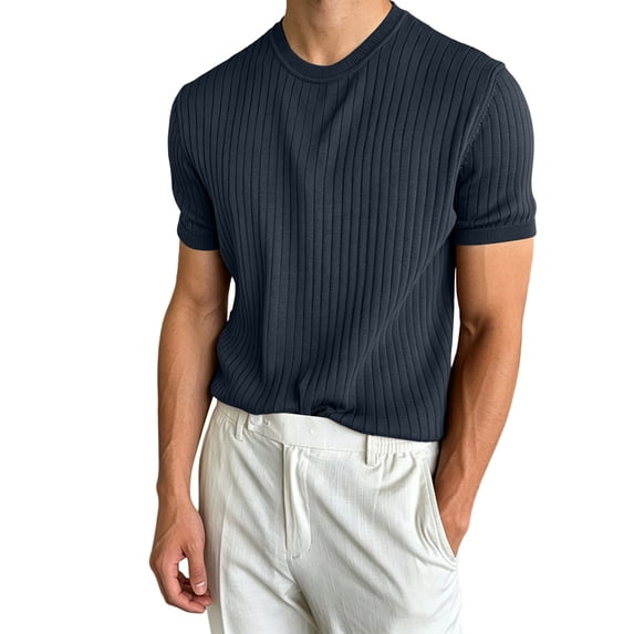 Men's Short Sleeve Ribbed Knit Sweater T-Shirt Business Casual Crew Neck Pullover for Work to Weekend Old Money Style