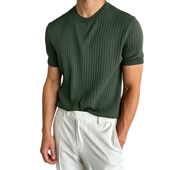 Men's Short Sleeve Ribbed Knit Sweater T-Shirt Business Casual Crew Neck Pullover for Work to Weekend Old Money Style