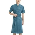 thumbnail image 1 of Men's Short Sleeve Robe Jersey Midi Bathrobe Pockets Knit Summer Knee Length Robe Shawl Collar Comfy Modal V Neck Soft Blue Large, 1 of 1