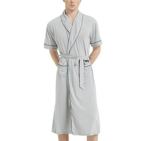 Men's Short Sleeve Robe Jersey Midi Bathrobe Pockets Knit Summer Knee Length Robe Shawl Collar Comfy Modal V Neck Soft Grey X-Large