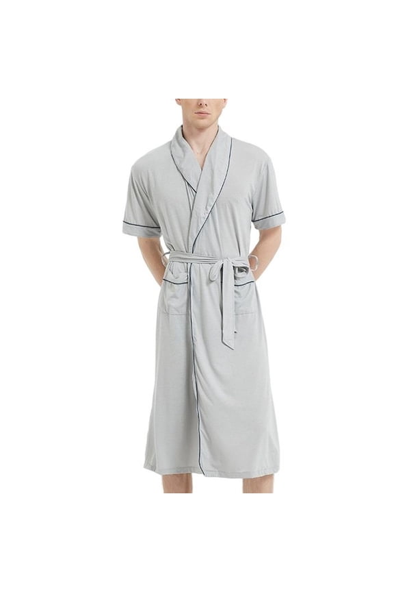 Men's Short Sleeve Robe Jersey Midi Bathrobe Pockets Knit Summer Knee Length Robe Shawl Collar Comfy Modal V Neck Soft Grey X-Large