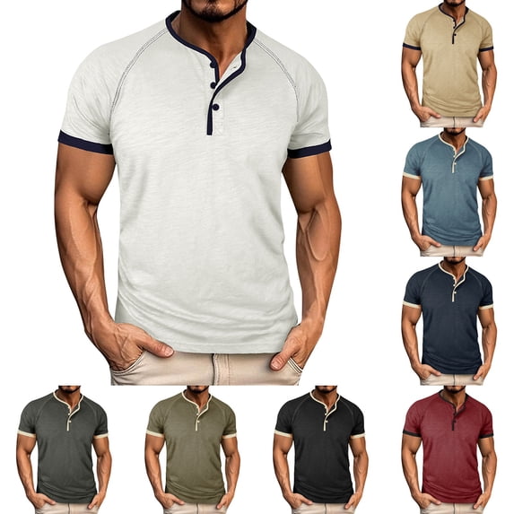 Men’s Short Sleeve Round Neck T-Shirt Front Placket Contrast Color Cuffs Summer Top