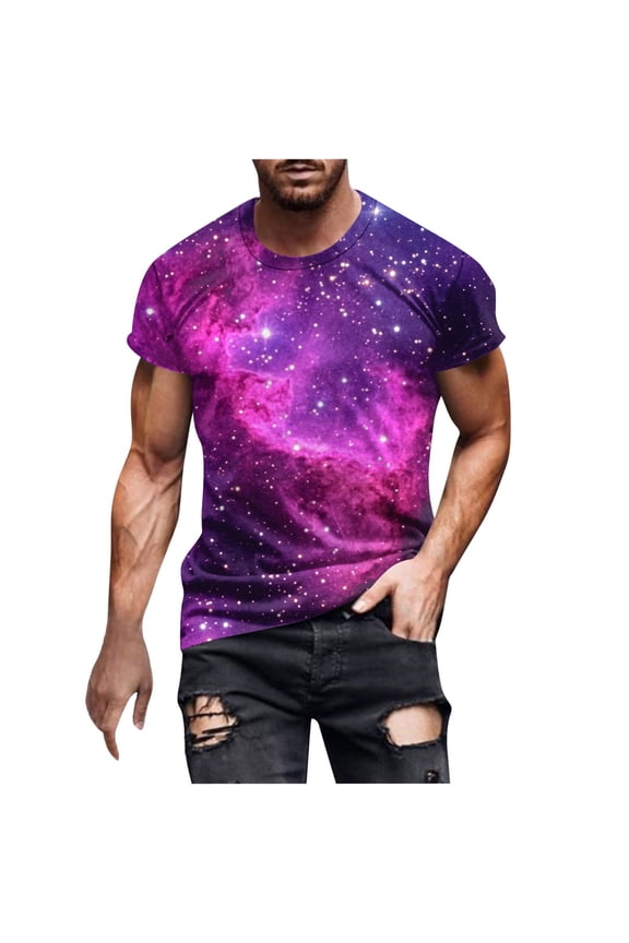 Men's Short Sleeve Round Neck T Shirts Starry Sky Print Casual and Comfortable for Summer Days Men Tee Shirts Sale