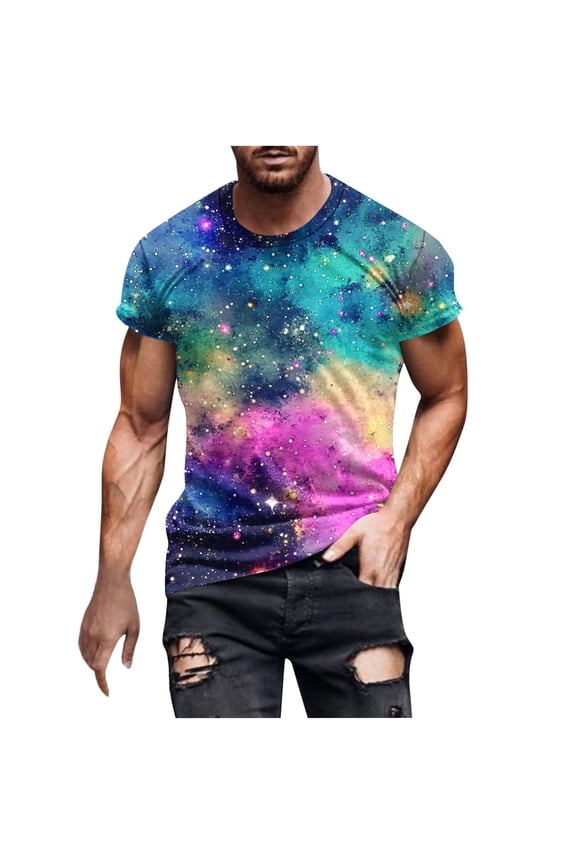 Men's Short Sleeve Round Neck T Shirts Starry Sky Print Comfortable and Stylish for Everyday Casual Tops for Men