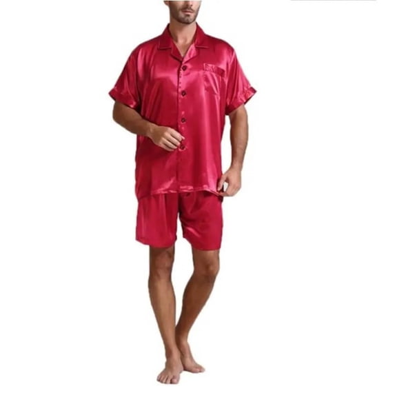 Men's Short Sleeve Satin Pajama Set Button-Down Pj Set Sleepwear Loungewear