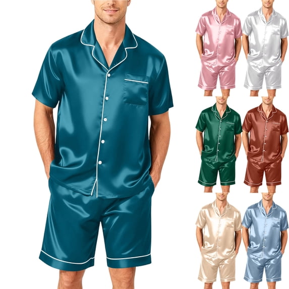 Men's Short Sleeve Satin Set with Shorts Dark Green L