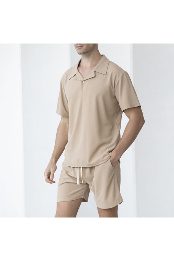 Men's Short Sleeve Set, Casual Waffle Knit Lounge Wear, Relaxed Fit Two-Piece Outfit for Home and Outdoor
