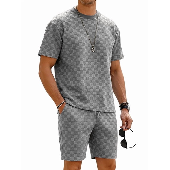 Men's Short Sleeve Set Suits 2 Piece Shirt Shorts Outfit for Summer Casual Gray S