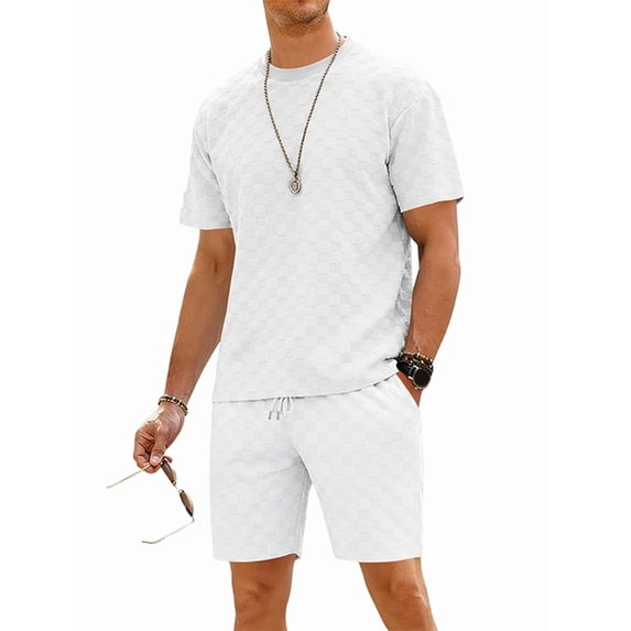 Men's Short Sleeve Set Suits 2 Piece Shirt Shorts Outfit for Summer Casual White S