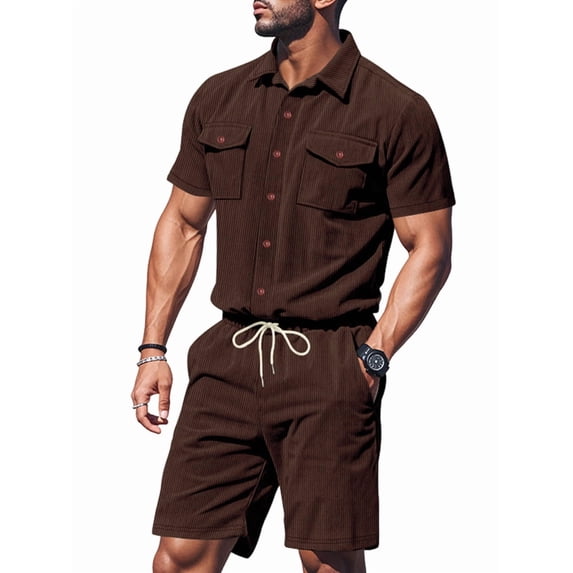 Men's Short Sleeve Sets Shirts Set 2 Piece Shirt Outfit Brown XXL