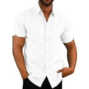 Men's Short Sleeve Shirt Casual Button Down Cotton Linen Loose Beach Wedding Shirt