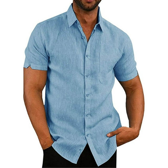 Men's Short Sleeve Shirt Casual Button Down Cotton Linen Loose Beach ...