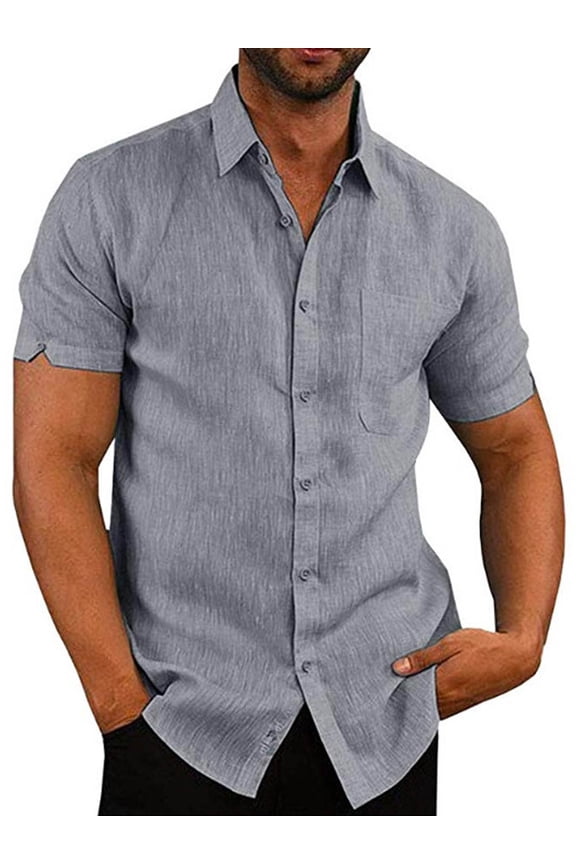 Men's Short Sleeve Shirt Casual Button Down Cotton Linen Loose Beach Wedding Shirt