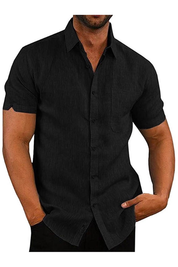 Men's Short Sleeve Shirt Casual Button Down Cotton Linen Loose Beach Wedding Shirt