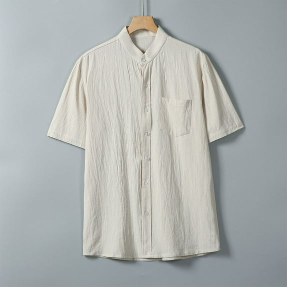 Men's Short Sleeve Shirt, Casual Stand Up Collar Button Down Pocket Shirt, Breathable Polyester Regular Fit for Daily Wear
