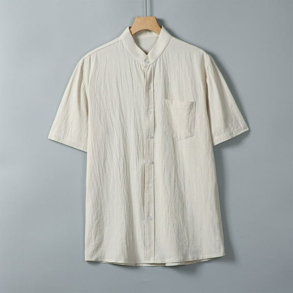 Men's Short Sleeve Shirt, Casual Stand Up Collar Button Down Pocket Shirt, Breathable Polyester Regular Fit for Daily Wear