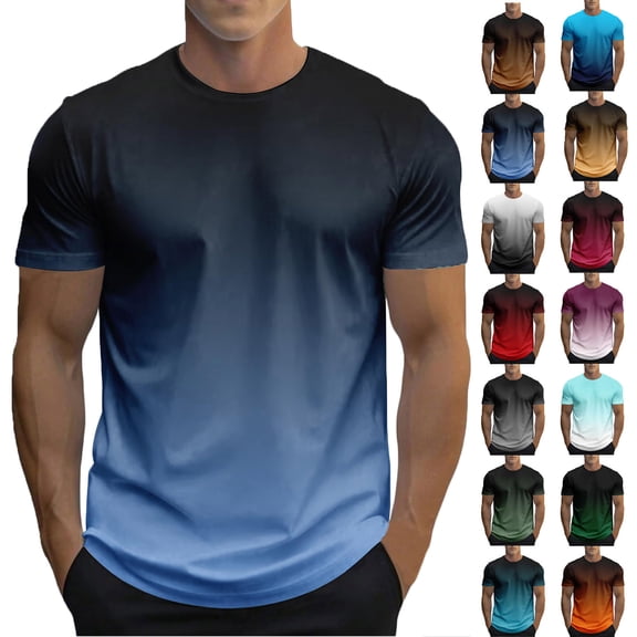 Men's Short Sleeve Shirt Men Summer Casual Pullover Round Collar Gradient Short Sleeve Blouse Shirt Dark Blue L