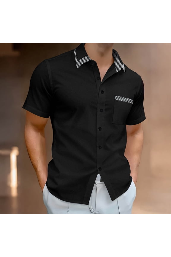 Men's Short Sleeve Shirt Printed Button Down Collar with Pocket Casual Open Front T-Shirt Black XL