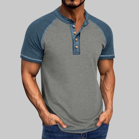 Men's Short Sleeve Shirt, Round Neck Button Front, Raglan Sleeve Casual Top, Breathable