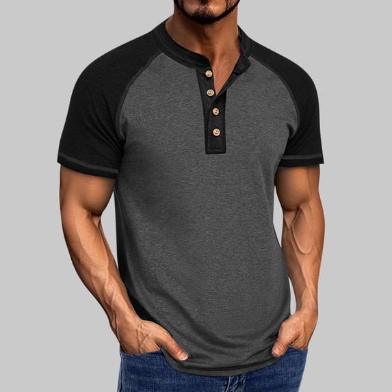 Men's Short Sleeve Shirt, Round Neck Button Front, Raglan Sleeve Casual Top, Breathable