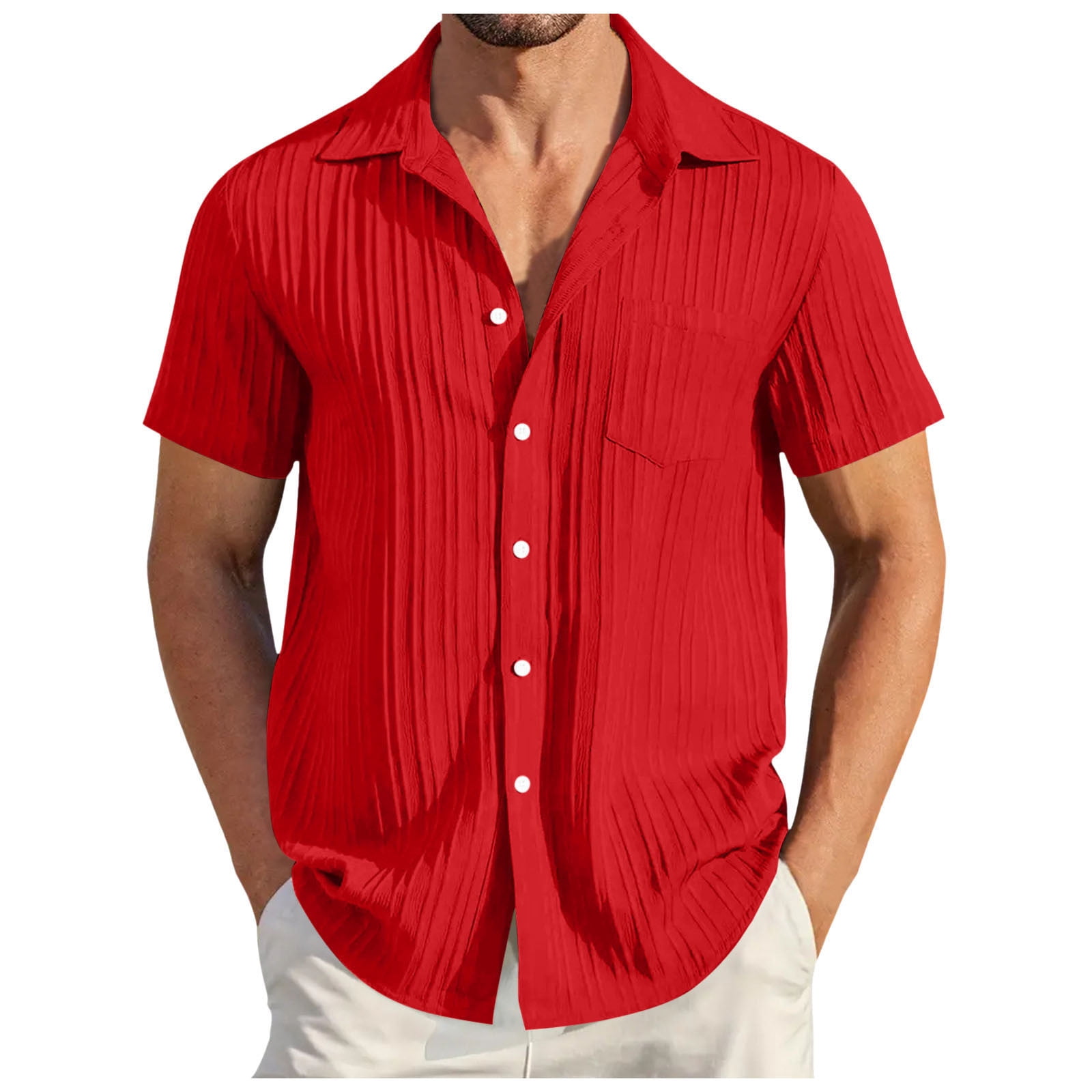 Men's Short Sleeve Shirt Summer Casual Solid Striped Hawaii Beach