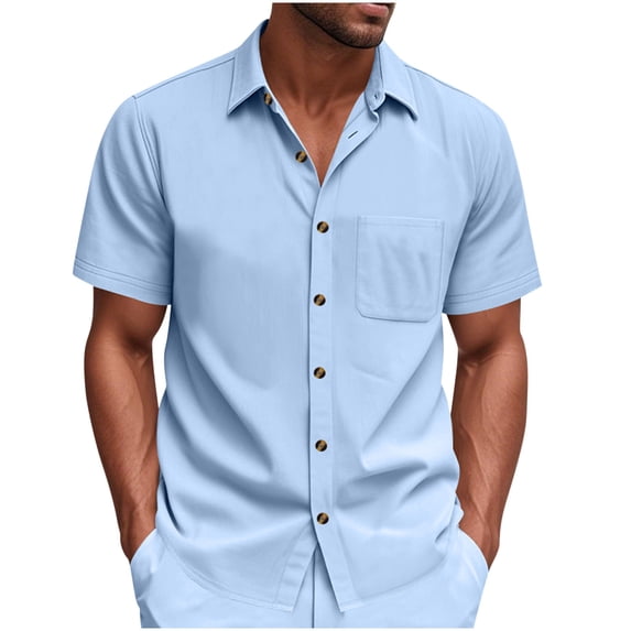 Men's Short Sleeve Shirts Button Down Collared Solid Shirts Tops Summer Beach Casual Vacation Classic Wedding Dress Shirts with Pockets