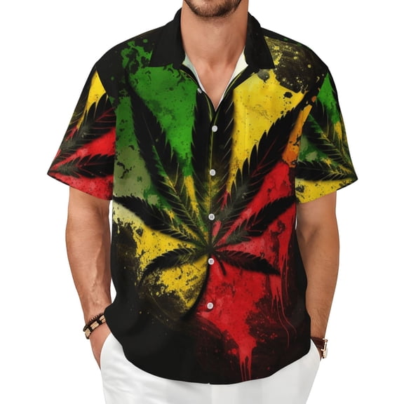 Men's Short Sleeve Shirts Casual Button Down Beach Summer Tops, Reggae Rasta Leaf Weed Cool