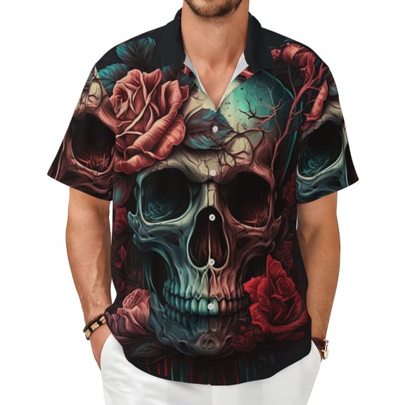 Men's Short Sleeve Shirts Casual Button Down Beach Summer Tops, Skull Death Roses Retro