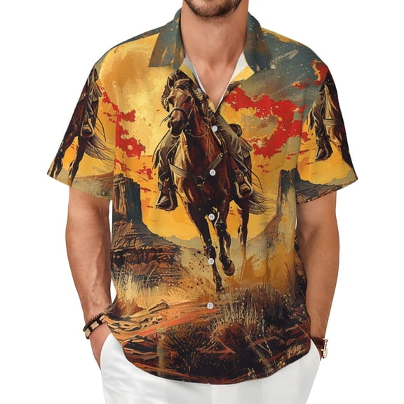Men's Short Sleeve Shirts Casual Button Down Beach Summer Tops, Western Desert Cowboys Vintage Art