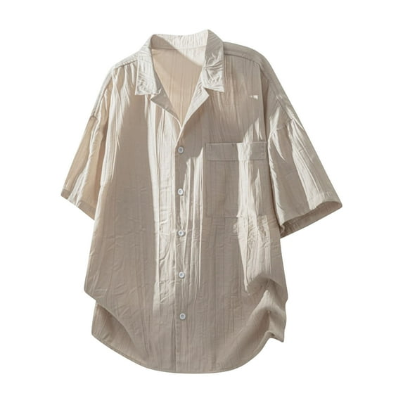 Men's Short Sleeve Shirts, Casual Button Down Polyester Top with Lapel Collar and Pocket for Summer and Daily Wear