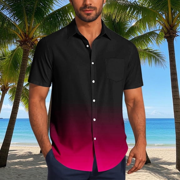 Men's Short Sleeve Shirts, Hawaiian Style Gradient Print Button-Down Collar, Casual Summer Vacation Shirts for Outdoor Daily Use