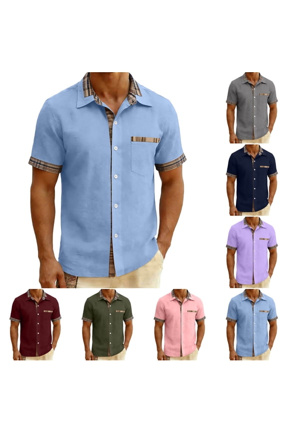 Men's Short Sleeve Shirts Lapel Button Down Plaid Patchwork Tops Summer Loose Casual Stylish Shirt With Pocket (XL, Light Blue)