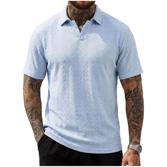 Men's Short Sleeve Shirts, Men Shirts Short Sleeve Plain Waffle Golf Tops | Weekend Golf Games, Casual Office Days, Summer Light Blue S