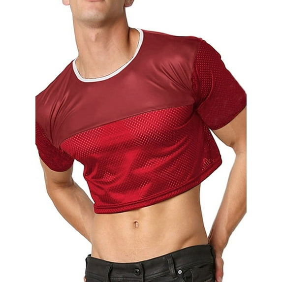 Men's Short Sleeve Shirts Patchwork Leather Mesh Summer Crop Tops