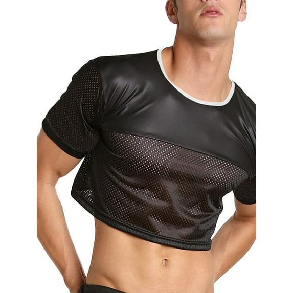 Men's Short Sleeve Shirts Patchwork Leather Mesh Summer Crop Tops