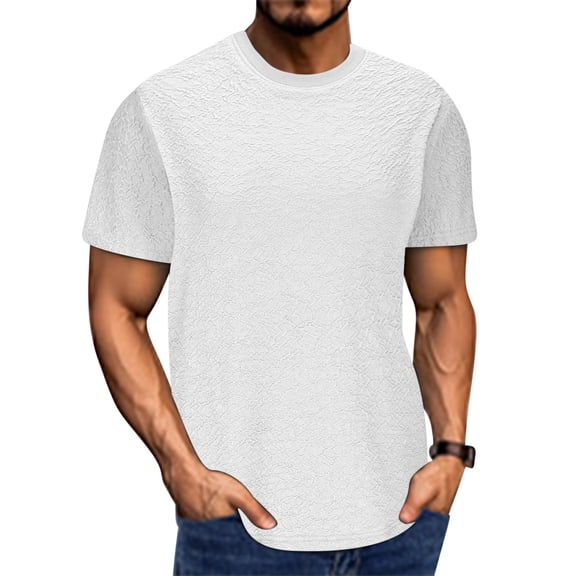 Men's Short Sleeve Shirts， Polyester Casual Stretch Top with Textured Solid Color， Round Neck T-Shirt for Men's Daily Wear and Light Exercise