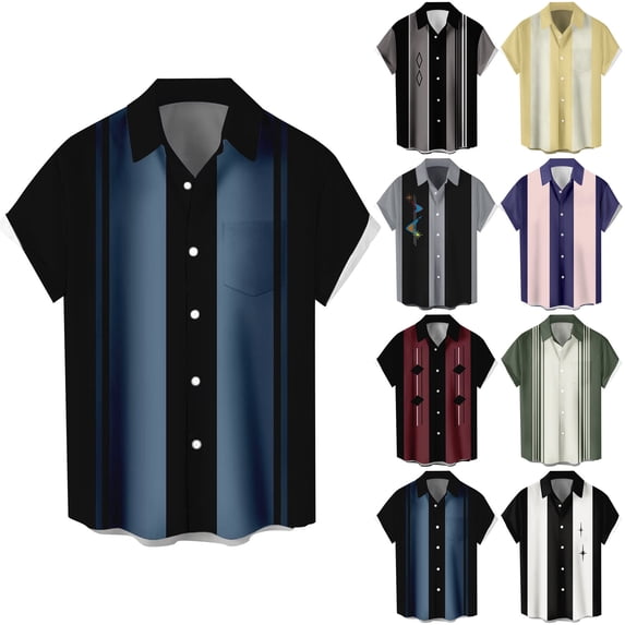 Men's Short Sleeve Shirts Striped Button Up Shirt Casual Shirts for Men Classic Collared Tops Casual Tops Blue XL
