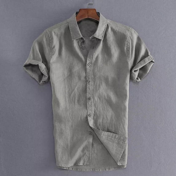 Men's Short Sleeve Shirts Summer Casual Slim Fit Button Down T-Shirt Classic Solid Linen Tee Tops