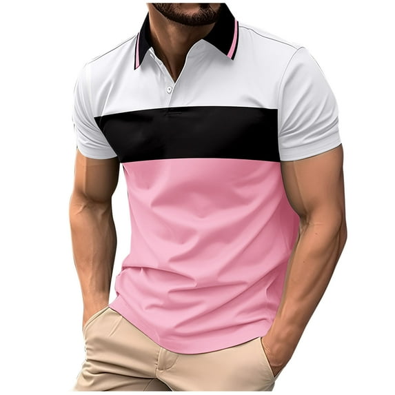 Men's Short Sleeve Sports Shirt Casual Polo T-Shirt Color Block Slim Fit Golf Shirt