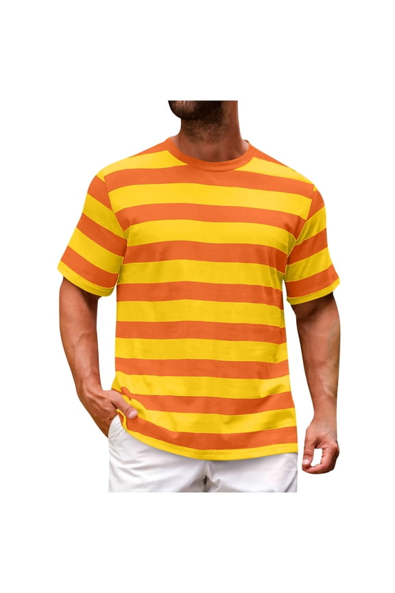 Men's Short Sleeve Striped T-Shirt Soft Jersey Cotton Feel Casual Crewneck Summer Beach Hippie Tops Moisture Wicking Breathable Outdoor Fishing Shirt Vacation Tee