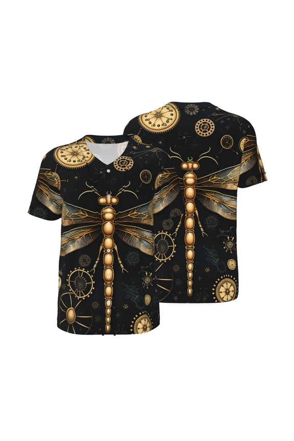 Men's Short Sleeve T-Shirt Athletic Team Uniform for Baseball Basketball, Gold Steampunk Dragonfly Black Golden