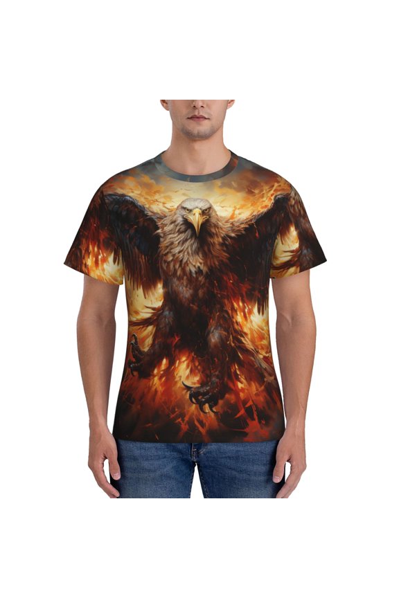 Men's Short Sleeve T-Shirt Athletic Tee Tops Workout Gym Running, Flaming Fire Eagle Art