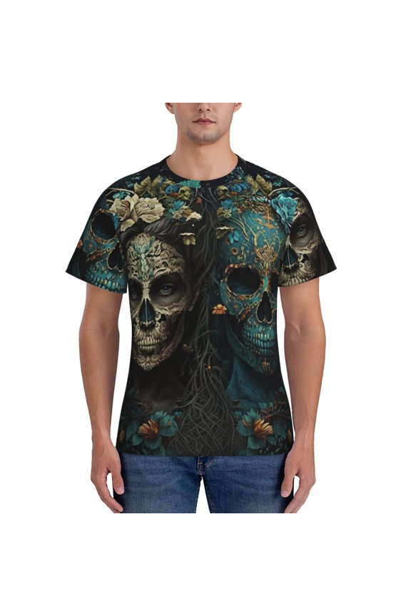 Men's Short Sleeve T-Shirt Athletic Tee Tops Workout Gym Running, Skulls Gothic Day Of The Dead Skull Lovers