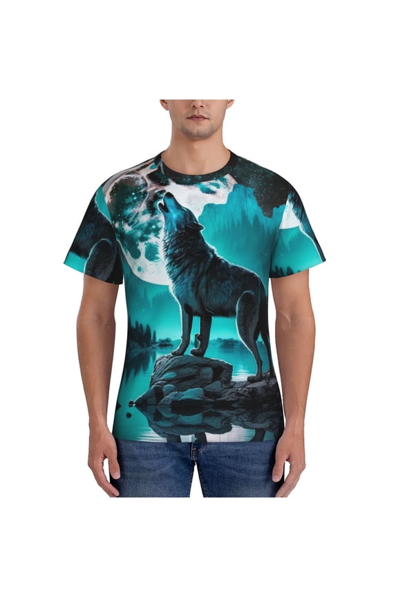 Men's Short Sleeve T-Shirt Athletic Tee Tops Workout Gym Running, Wolf Howling River Night Moon Cool