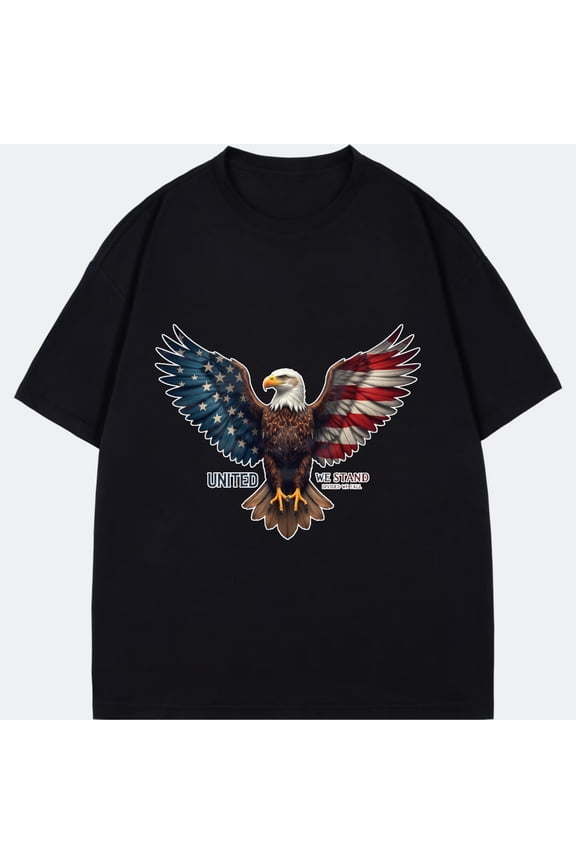 Men's Short Sleeve T-Shirt Black American Eagle With Usa Flag Wings United We Stand Graphic Print Casual Wear For Patriotic Events And Everyday Use