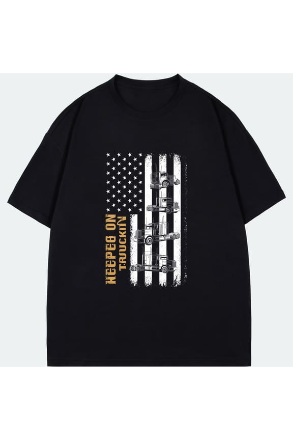 Men's Short Sleeve T-Shirt Black American Flag Truck Graphic Keep On Truckin Text Casual Wear For Drivers And Truck Enthusiasts