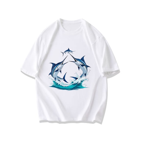 Men's Short Sleeve T-Shirt Black Marlin Fish Ocean Wave Print Casual Wear For Beach And Outdoor Activities