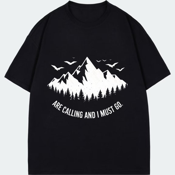 Men's Short Sleeve T-Shirt Black Mountains Forest And Birds Print Are Calling And I Must Go Outdoor Adventure Camping Hiking Travel Casual Wear