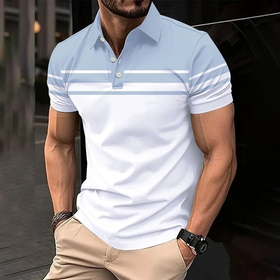 Men's Short Sleeve T Shirt, Button Down Lapel Collar Casual T Shirt, Soft Breathable Slim Fit Summer Top for Vacation, Travel, Work and Daily Wear Blue XL