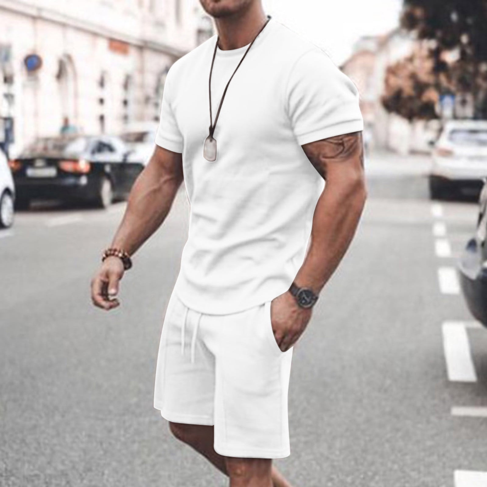 Men's Short Sleeve T-Shirt and Shorts Set Sport Casual Crew Neck Muscle  Sportswear 2 Piece Tracksuit Summer Outfits 